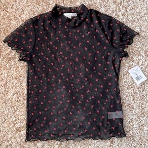 NWT! Moa Moa sheer black top with red hearts- M